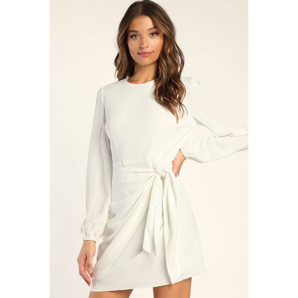Lulus Believe It Or Knot White Long Sleeve Tie-front Skater Dress - Size XL